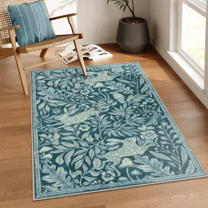 Lahome Forest Rabbit Door Rugs for Entryway Indoor, Soft 3x5 Washable Area Rug for Bedroom Living Room, Vintage Tuquoise Carpet for Entrance, Stain Resistant Indoor Door Mat