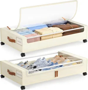 LAMU Under Bed Storage with Wheels 2 Pack, Under Bed Storage Containers with Clear Lid & PU Leather Handle, 6.7 Inches Height Rolling Underbed Drawer Organizer Bins for Clothes, Shoes, Blankets, Beige