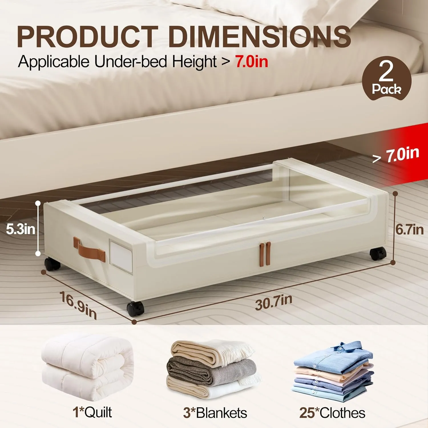 LAMU Under Bed Storage with Wheels 2 Pack, Under Bed Storage Containers with Clear Lid & PU Leather Handle, 6.7 Inches Height Rolling Underbed Drawer Organizer Bins for Clothes, Shoes, Blankets, Beige