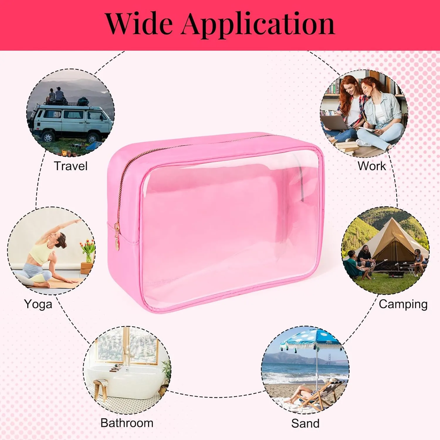 Large Makeup Bag for Purse Clear Makeup Bag Nylon&PVC Travel Pink Cosmetic Bag Preppy Cosmetic Zipper Pouch Toiletry Organizers Bag Coin Purse for Women