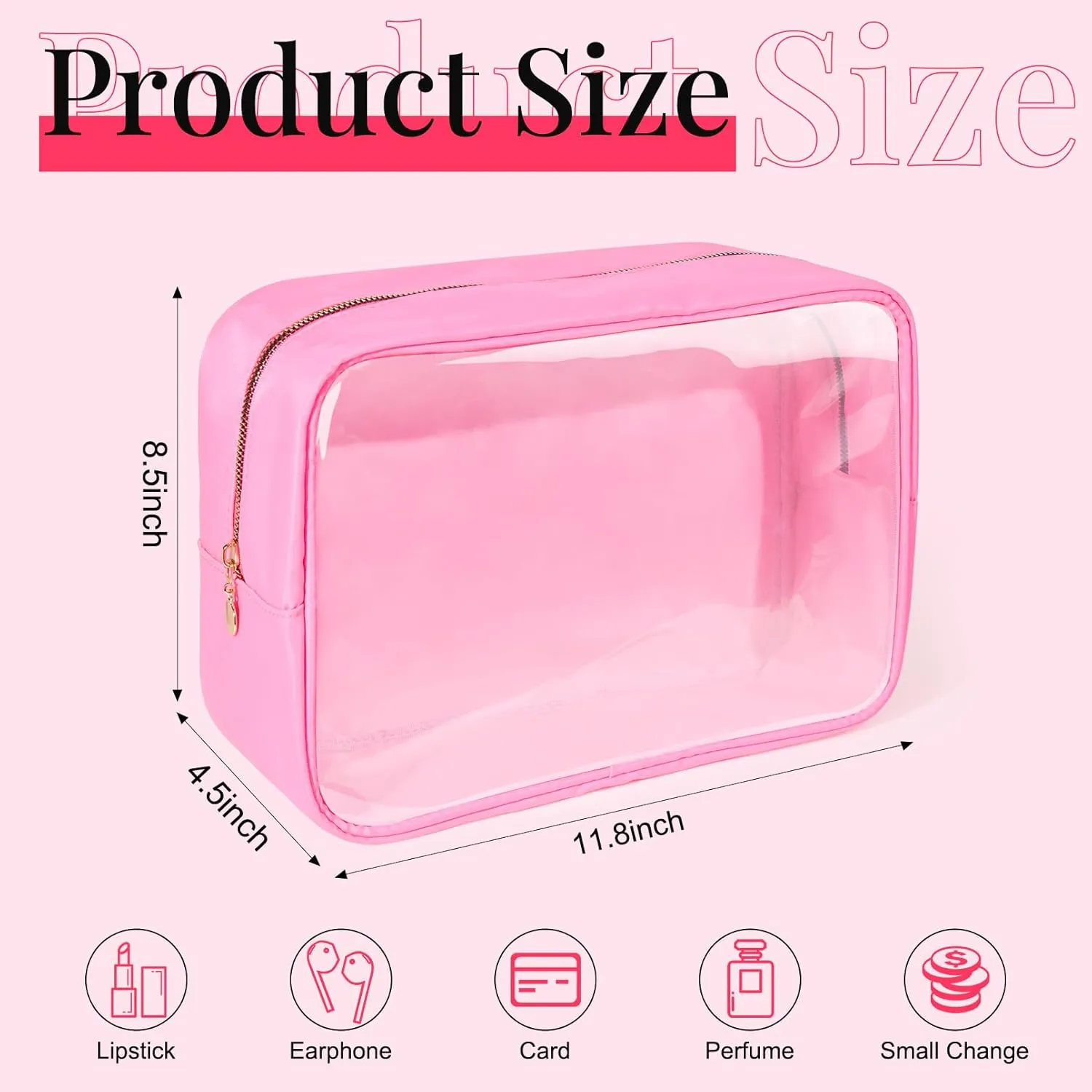 Large Makeup Bag for Purse Clear Makeup Bag Nylon&PVC Travel Pink Cosmetic Bag Preppy Cosmetic Zipper Pouch Toiletry Organizers Bag Coin Purse for Women