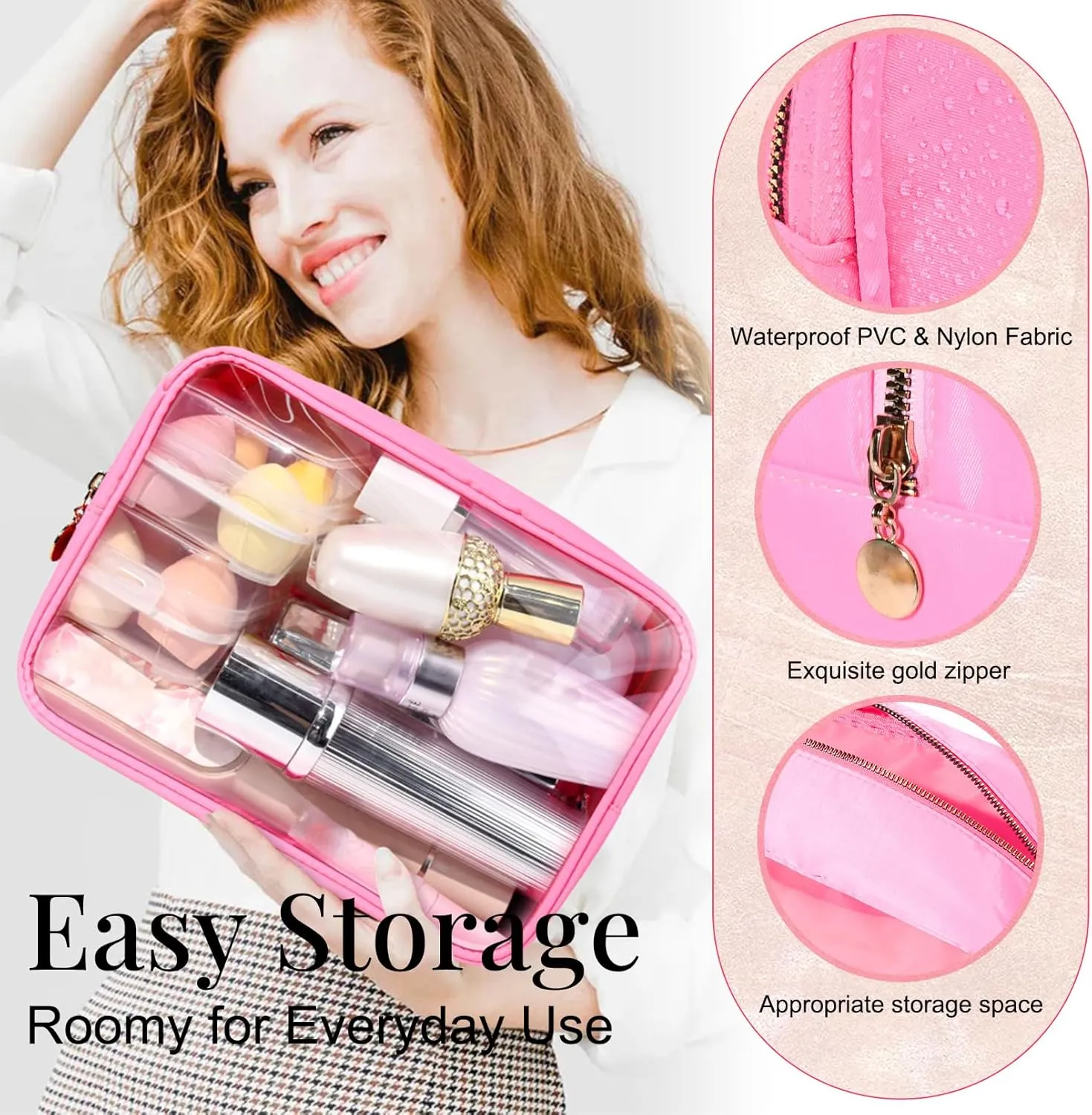 Large Makeup Bag for Purse Clear Makeup Bag Nylon&PVC Travel Pink Cosmetic Bag Preppy Cosmetic Zipper Pouch Toiletry Organizers Bag Coin Purse for Women