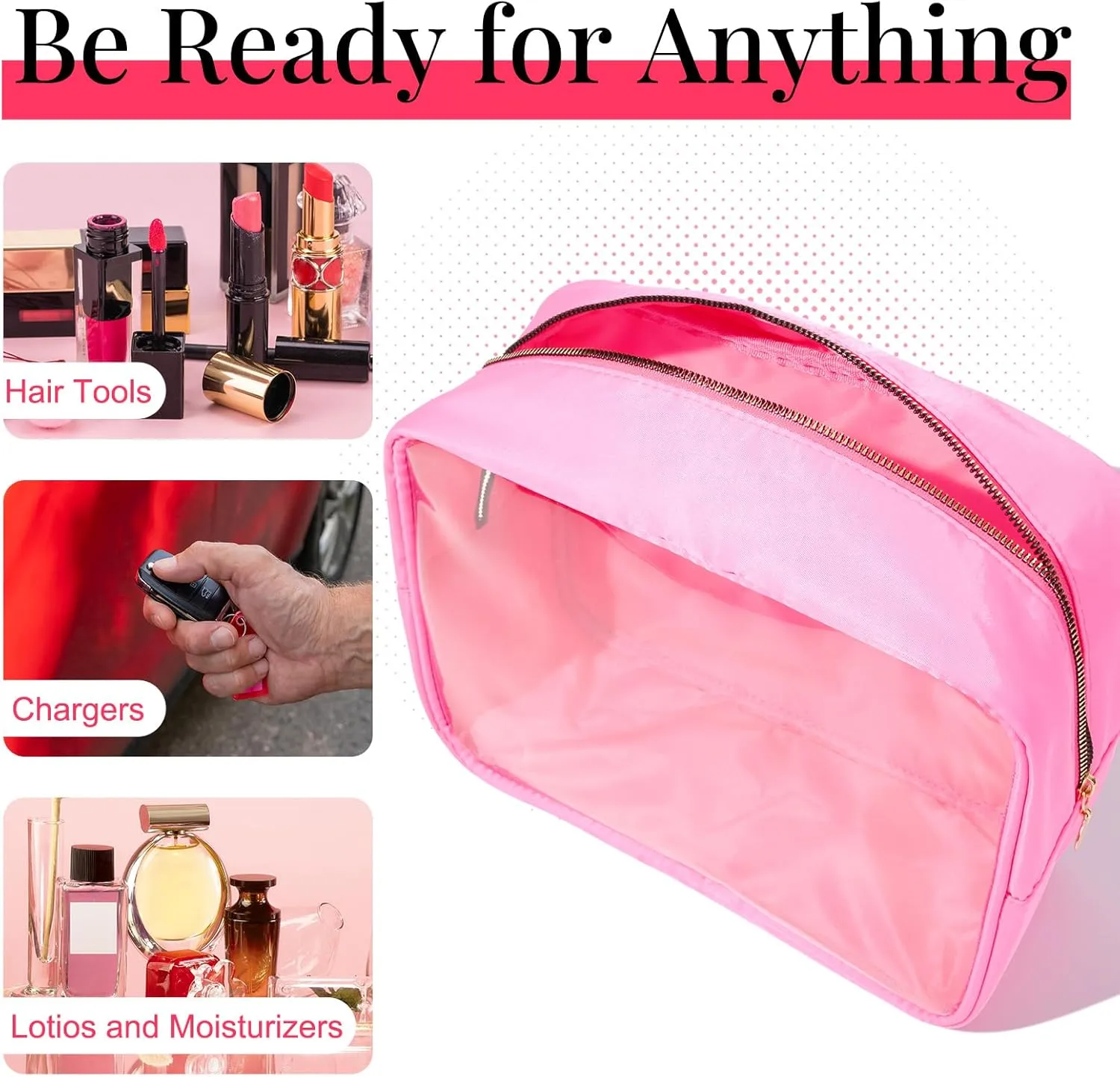 Large Makeup Bag for Purse Clear Makeup Bag Nylon&PVC Travel Pink Cosmetic Bag Preppy Cosmetic Zipper Pouch Toiletry Organizers Bag Coin Purse for Women