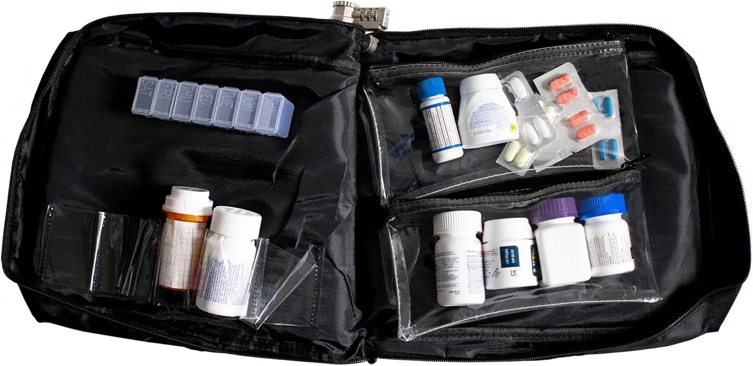 Large Medicine Bag Includes Pill Box and Removable Clear Bags, Combination Lock,12 x 10 x 2 Inch (Black)