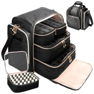 Large Nail Polish Organizer Bag Holds 80 Bottles (15ml/0.5 fl.oz), Portable Nail Lamp Kit Shoulder Case with 4 Removable Pouches, Multiple Pockets for Nail Supplies Storage PU Leather (Black)