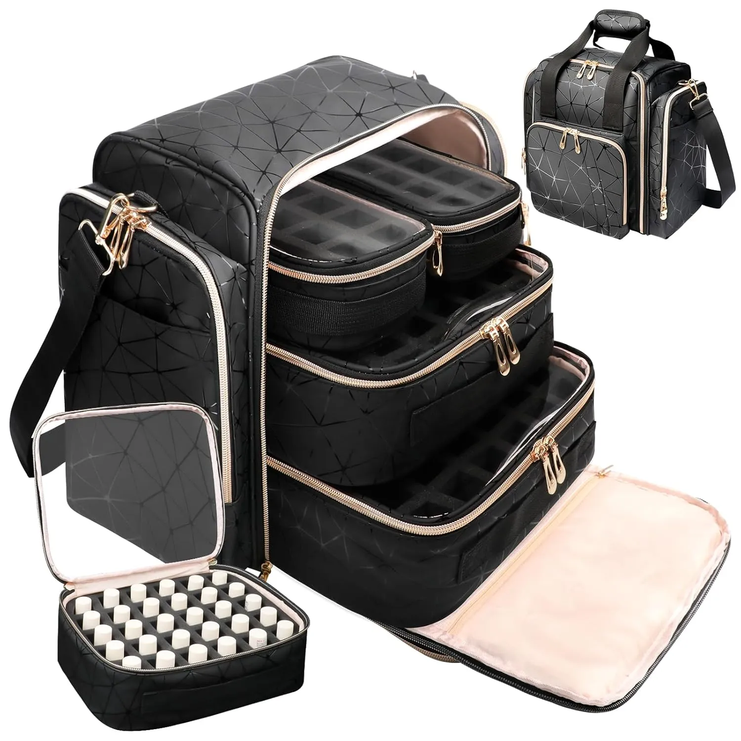 Large Nail Polish Organizer Bag Holds 80 Bottles (15ml/0.5 fl.oz), Portable Nail Lamp Kit Shoulder Case with 4 Removable Pouches, Multiple Pockets for Nail Supplies Storage PU Leather (Black)