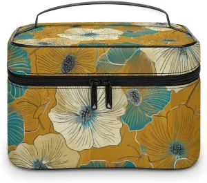 Large Opening Cosmetic Bag for Women Portable Mustard And Teal Printed Toiletries Bag Travel Bag Storage Bag with Handle