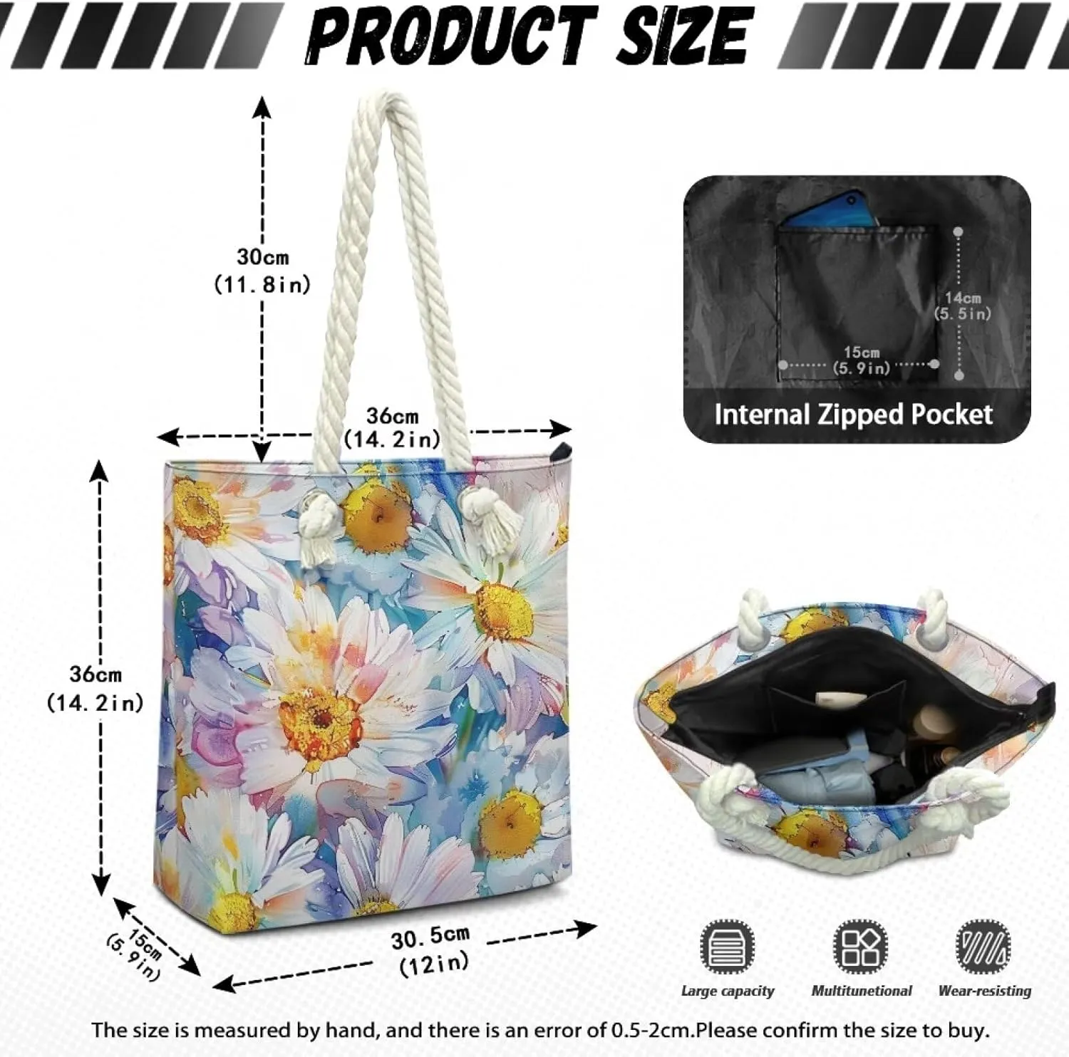 Large Tote Handbags for Women Reusable Grocery Bag Zipper Closure Storage Bag for Daily