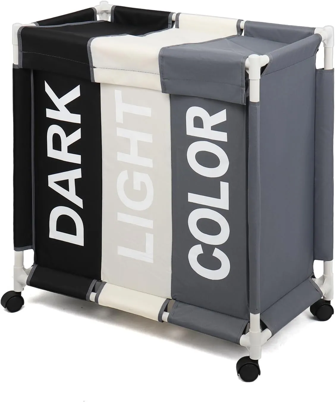 Laundry Sorter 3 Section Laundry Hamper Basket with Rolling Wheels Laundry Organizer Cart for Bathroom Bedroom Nursery (White Grey Black)