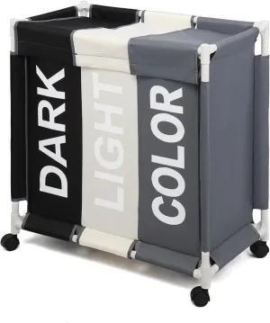 Laundry Sorter 3 Section Laundry Hamper Basket with Rolling Wheels Laundry Organizer Cart for Bathroom Bedroom Nursery (White Grey Black)