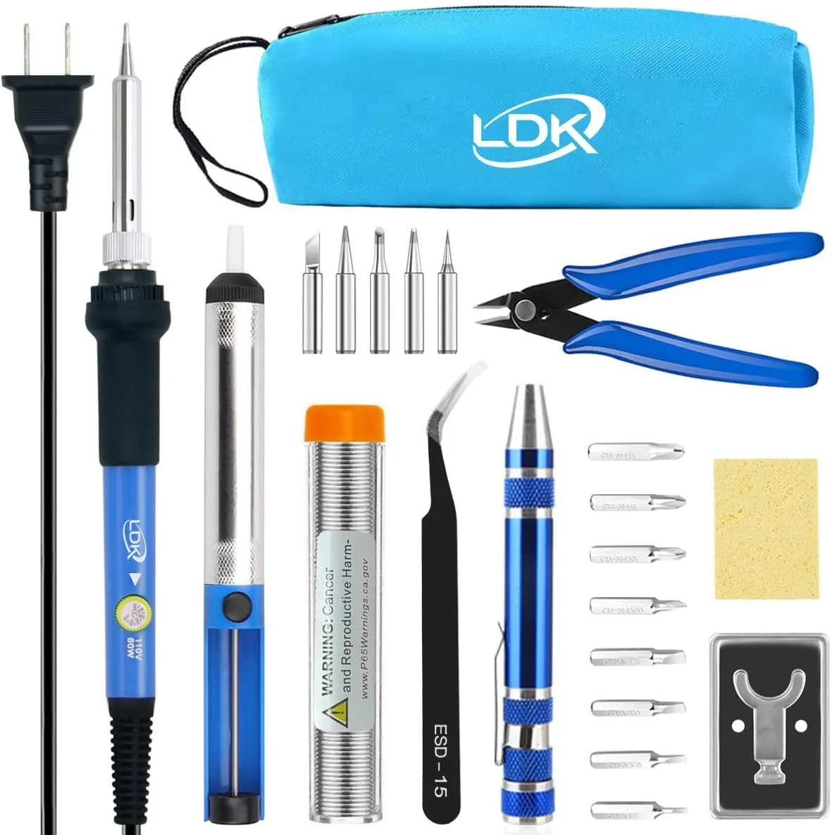 LDK Electric Soldering Iron Kit 60W Adjustable Temperature Welding Tools with 5pcs Different Tips, Desoldering Pump, Solder Wire, 8-in-1 Screwdrivers, Wire Cutter, Tweezers, Stand and Carry Bag