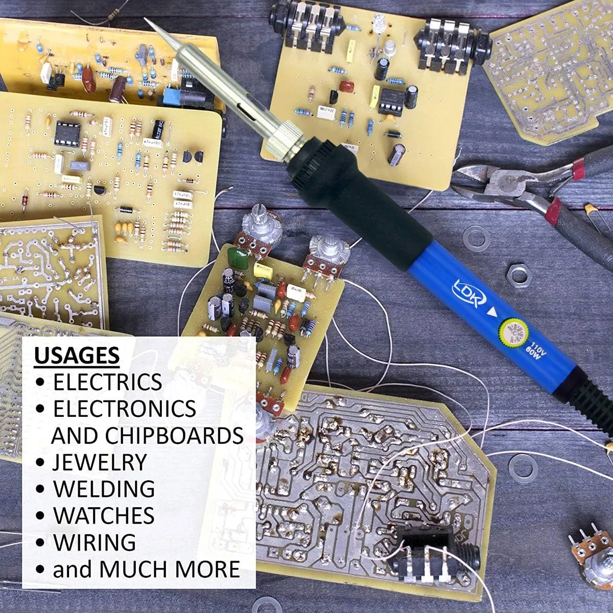 LDK Electric Soldering Iron Kit 60W Adjustable Temperature Welding Tools with 5pcs Different Tips, Desoldering Pump, Solder Wire, 8-in-1 Screwdrivers, Wire Cutter, Tweezers, Stand and Carry Bag