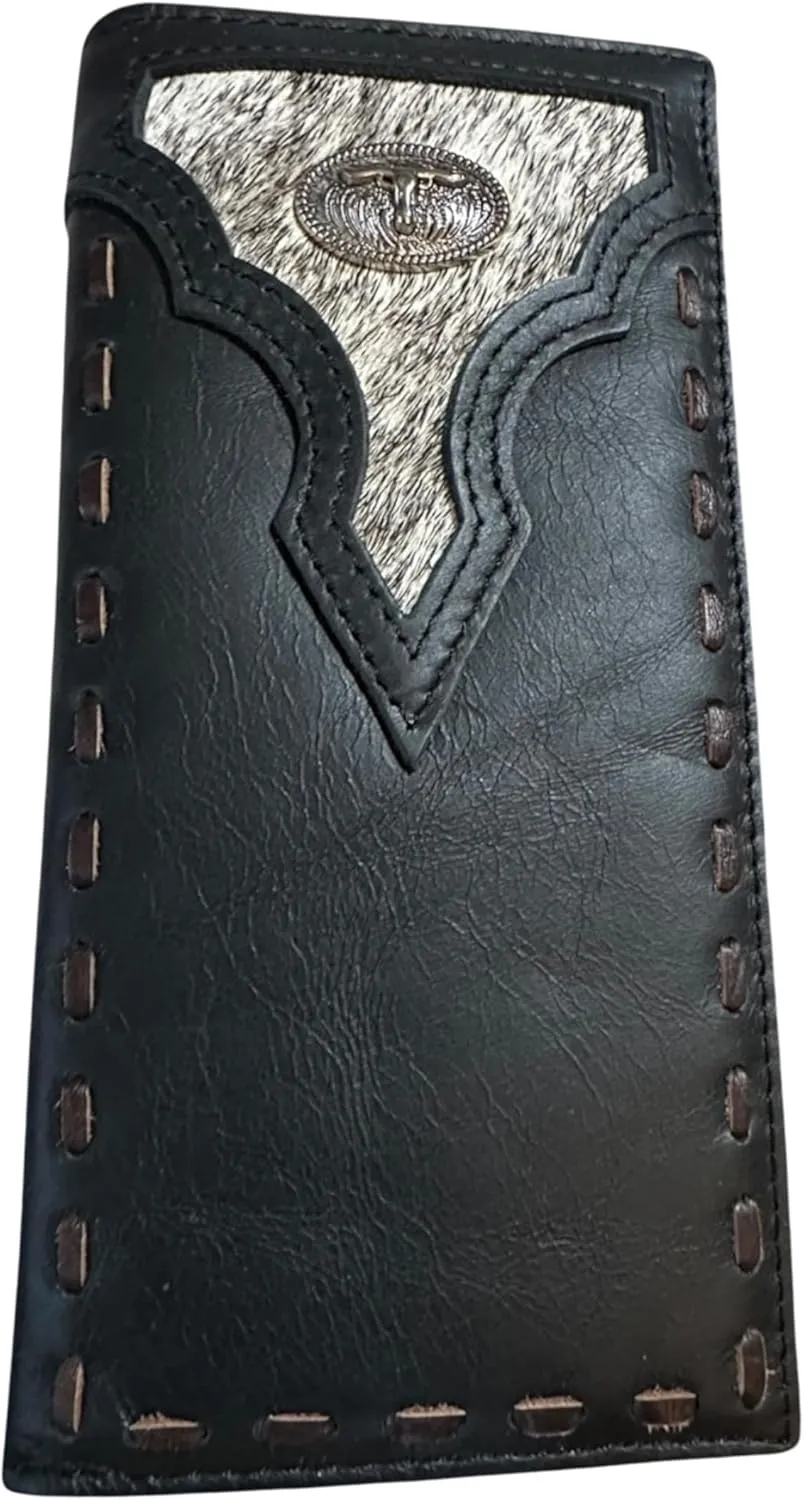 Leather Long Wallet Cowhair Cowboy Texas Longhorn Concho Cowhide Stitched Bi Fold Checkbook Style Hand Crafted High End Smooth Leather Mens Wallets Leather Gifts For Men (Black)