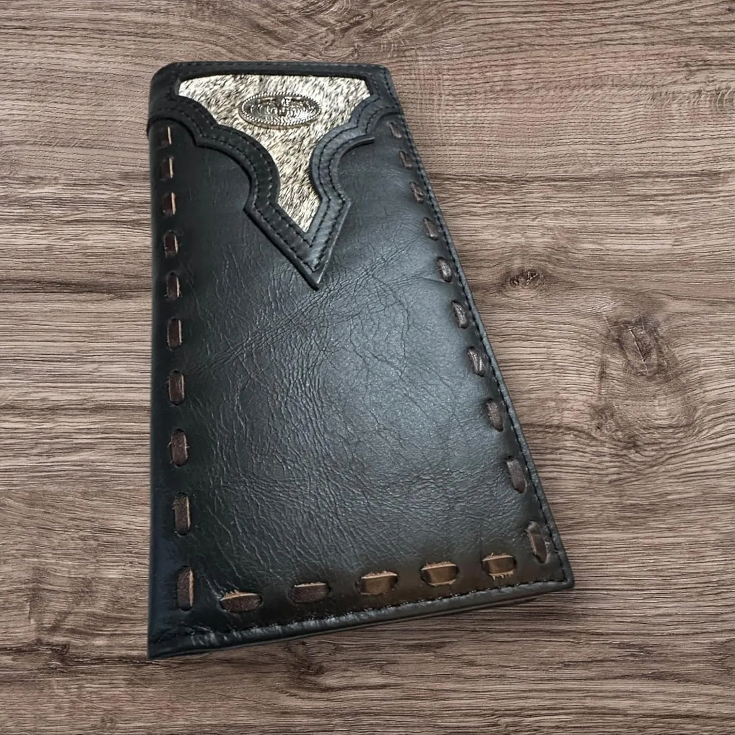 Leather Long Wallet Cowhair Cowboy Texas Longhorn Concho Cowhide Stitched Bi Fold Checkbook Style Hand Crafted High End Smooth Leather Mens Wallets Leather Gifts For Men (Black)