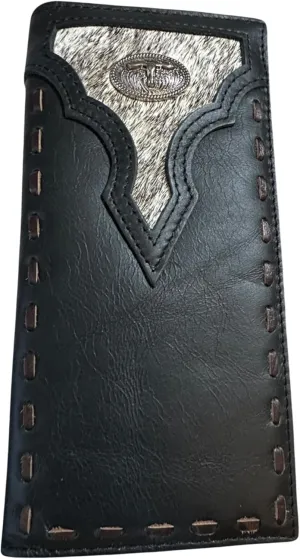 Leather Long Wallet Cowhair Cowboy Texas Longhorn Concho Cowhide Stitched Bi Fold Checkbook Style Hand Crafted High End Smooth Leather Mens Wallets Leather Gifts For Men (Black)