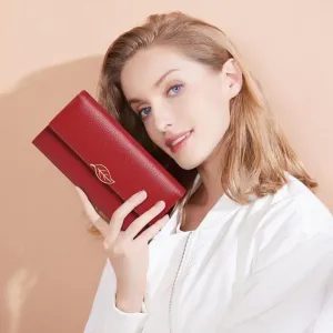 Leather Wallet Leather Women's Wallet Retro Fashion Large Capacity Purse Clutch Ladies Long Zipper Coin Pocket Card Holder Large Capacity (Red,10x19cm)