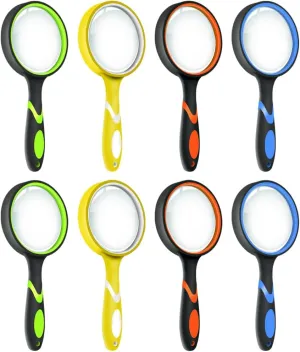 Leffis 8 Pack Magnifying Glass, 50mm 10X Glasses Lens Reading Magnifier for Kids and Seniors, Non-Slip Handheld Magnifying Glass for Close Work, Nature Exploration