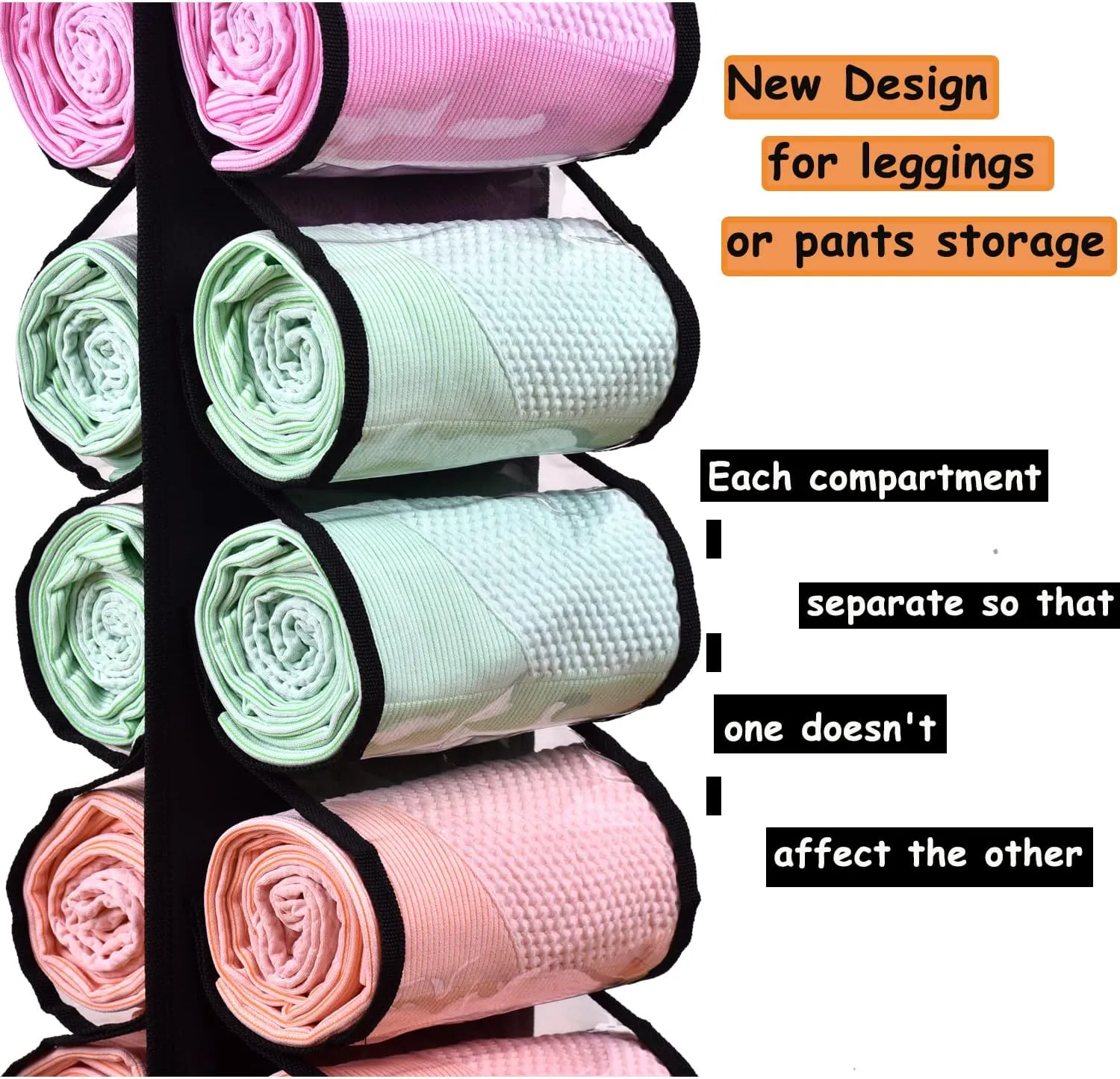 Legging Storage Bag Storage Hanger Can Holds 24 Leggings or Shirts Jeans Compartment Storage Hanger, Foldable Leggings Organizer Clothes Portable Closets Roll Holder (Black)