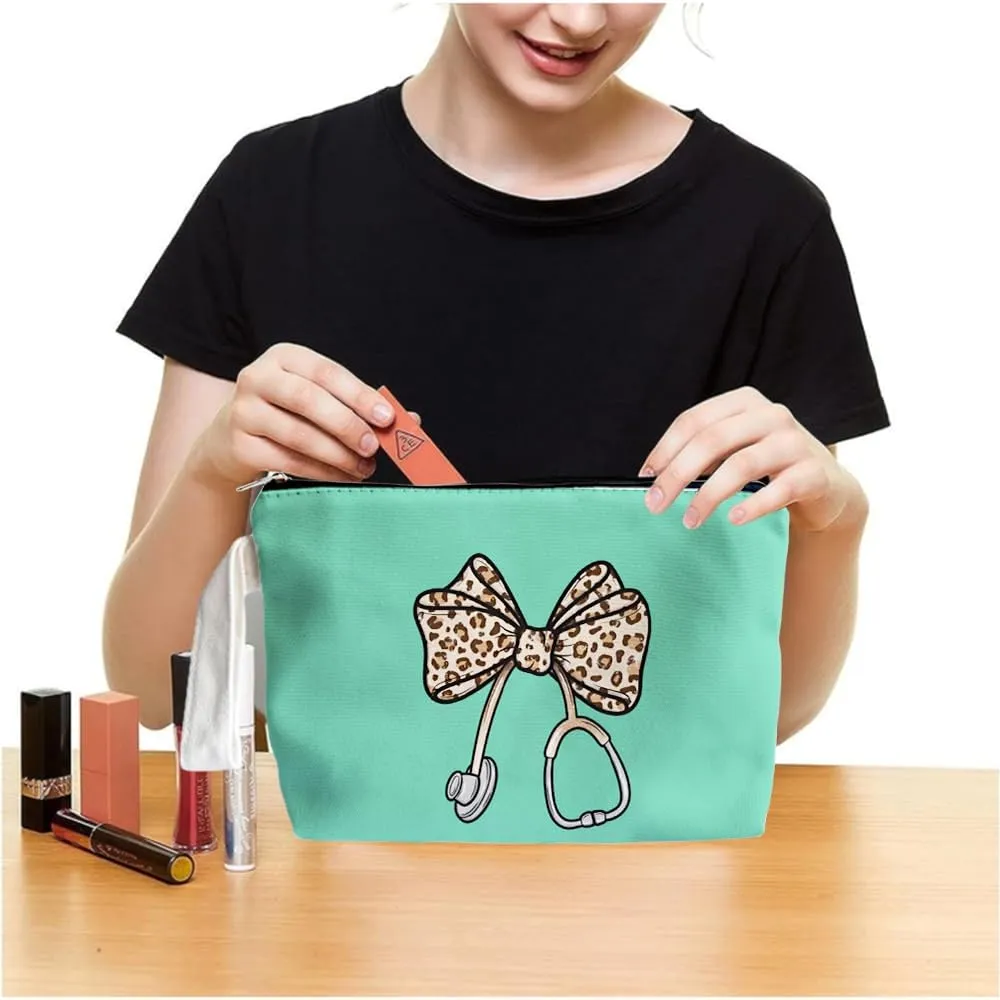 Leopard Bow Stethoscope Nurse Makeup Bag - Leopard trendy Nurse Themed Gifts for Girls Mom Women, Cosmetic Travel Bags for Women, Nursing Student Gifts