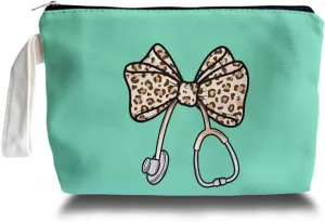 Leopard Bow Stethoscope Nurse Makeup Bag - Leopard trendy Nurse Themed Gifts for Girls Mom Women, Cosmetic Travel Bags for Women, Nursing Student Gifts