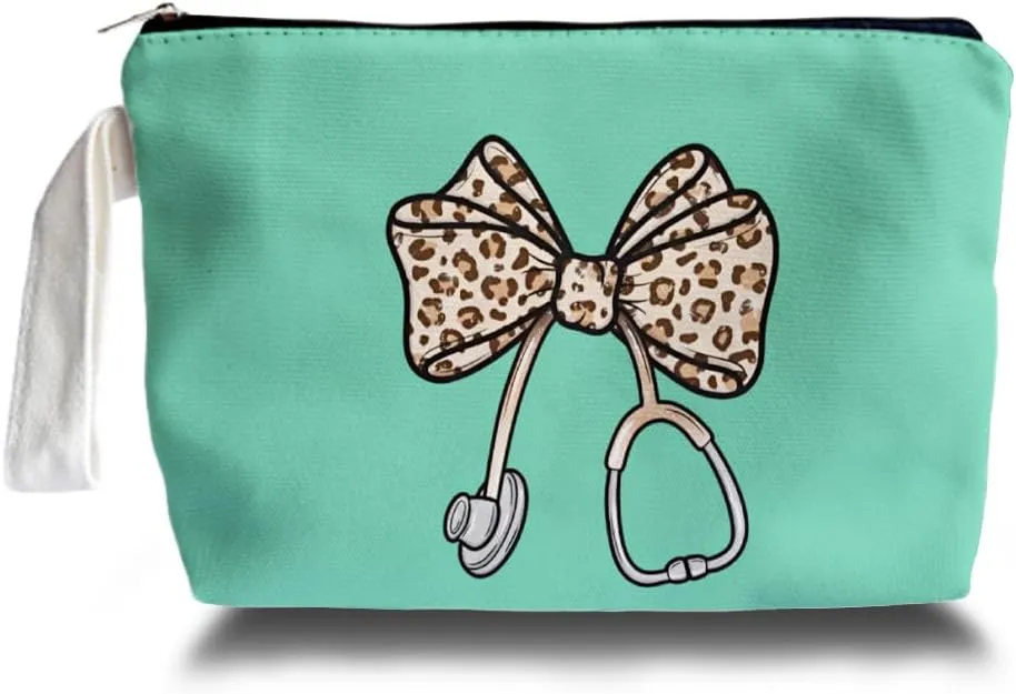 Leopard Bow Stethoscope Nurse Makeup Bag - Leopard trendy Nurse Themed Gifts for Girls Mom Women, Cosmetic Travel Bags for Women, Nursing Student Gifts