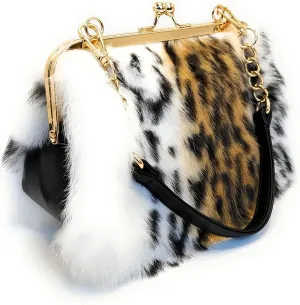 Leopard Print Rex Rabbit Fur Clutch with Gold Clasp and Dual Detachable Straps – Handheld or Shoulder Wear