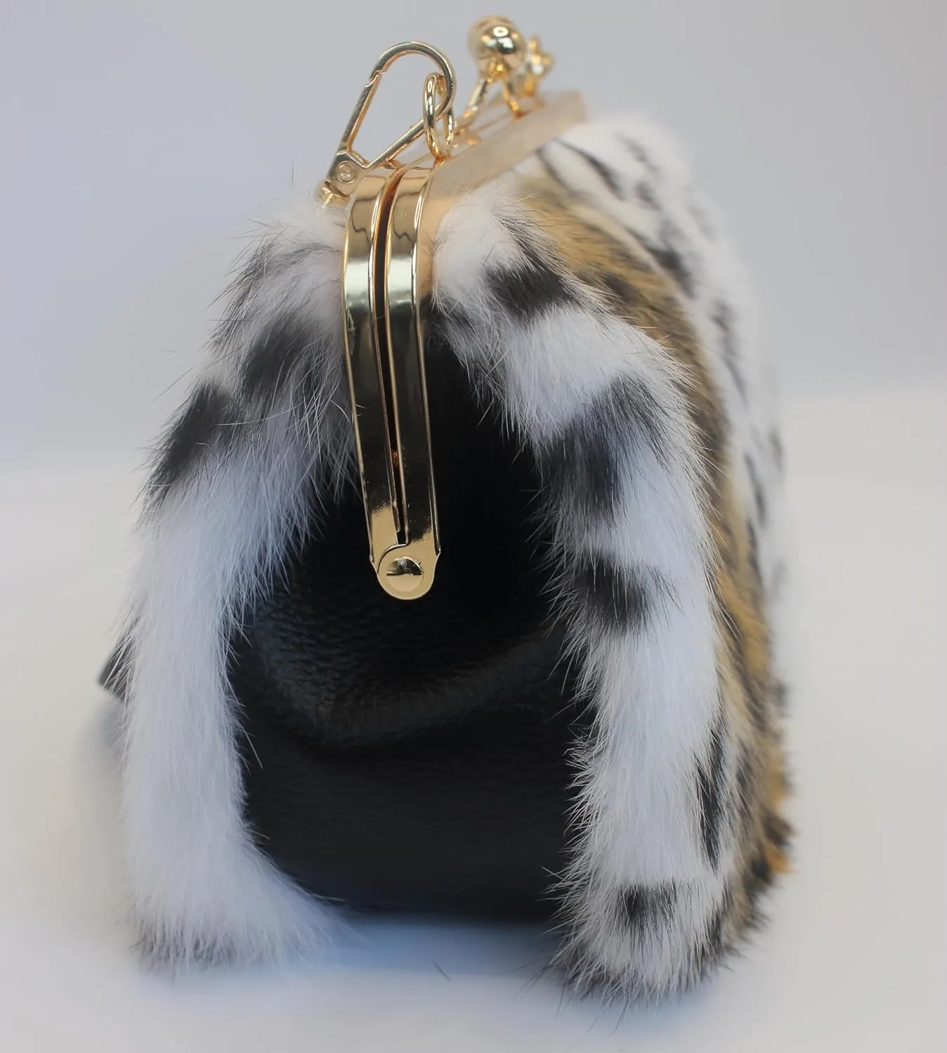Leopard Print Rex Rabbit Fur Clutch with Gold Clasp and Dual Detachable Straps – Handheld or Shoulder Wear