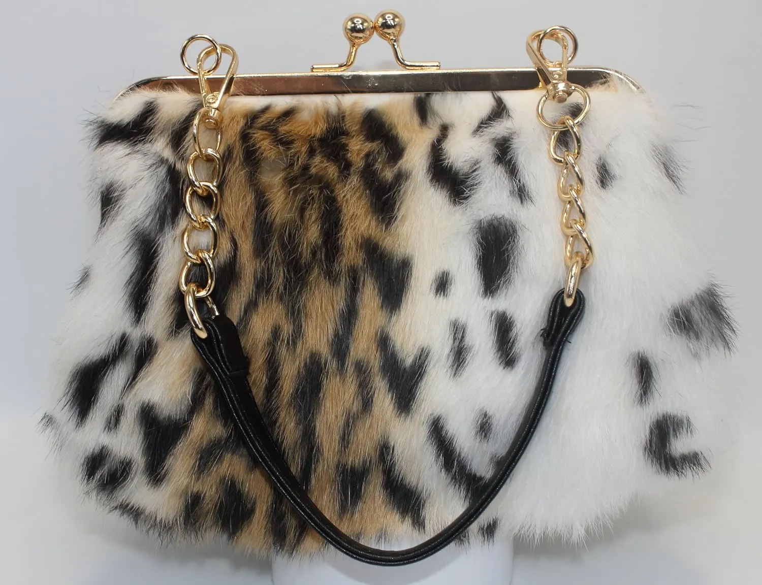 Leopard Print Rex Rabbit Fur Clutch with Gold Clasp and Dual Detachable Straps – Handheld or Shoulder Wear