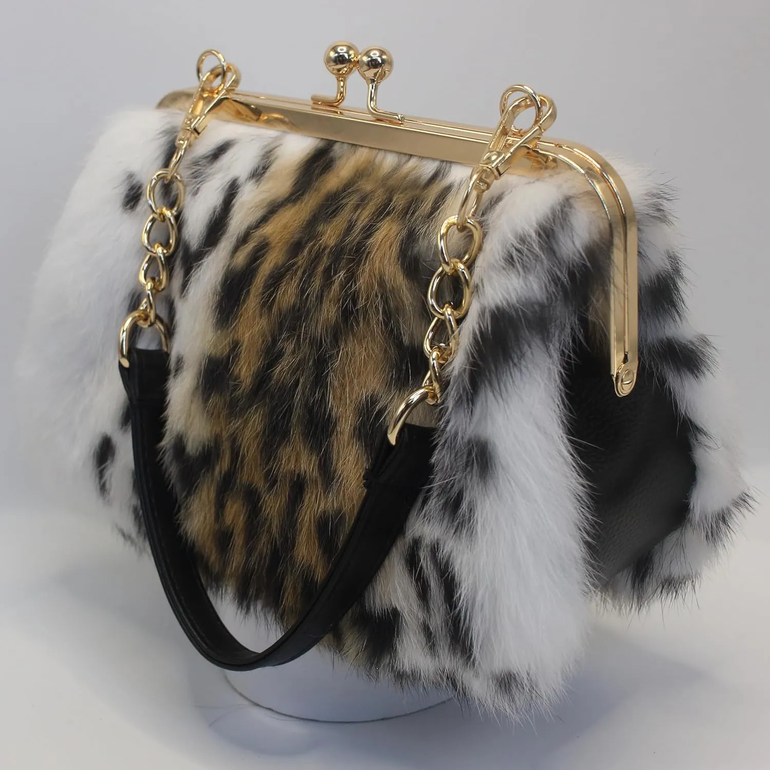 Leopard Print Rex Rabbit Fur Clutch with Gold Clasp and Dual Detachable Straps – Handheld or Shoulder Wear