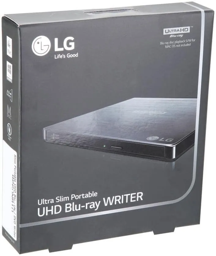 LG Electronics BP60NB10 Ultra Slim Portable Hybrid Drive UHD 4K/Blu-ray/DVD /-RW Drive, USB 3.0 Compatible, PC Windows, Linux, Mac OS, with M-DISC support, Noise Reduction, Black
