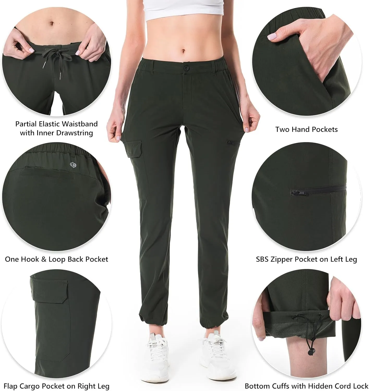Lightbare Women’s Lightweight Cargo Hiking Pants with Elastic Waistband Quick Dry Stretchy Water Resistant UPF 50  Outdoor