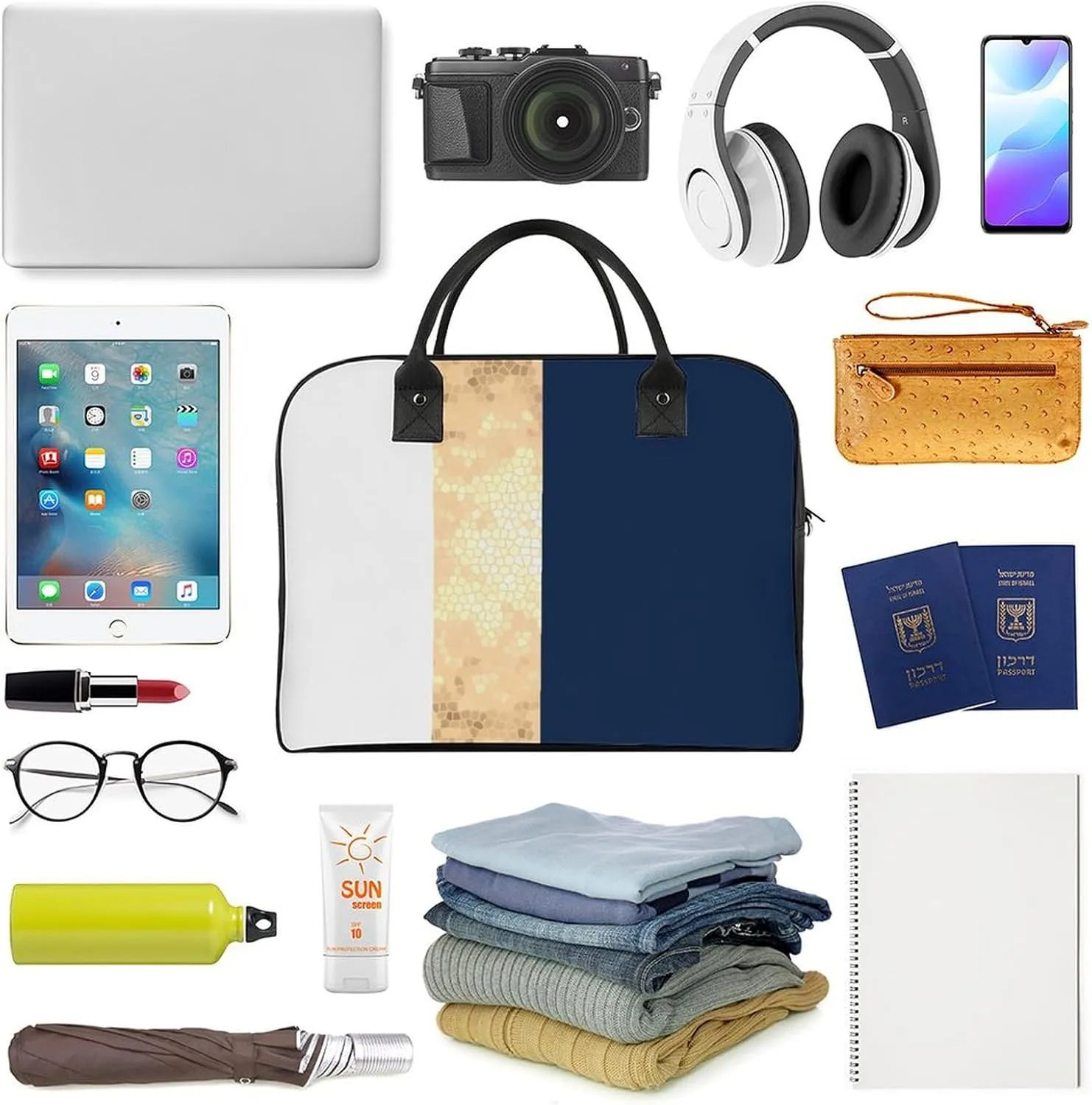 Lines Navy Blue And Yellow Fashionable Large Capacity Travel Handbag Unisex