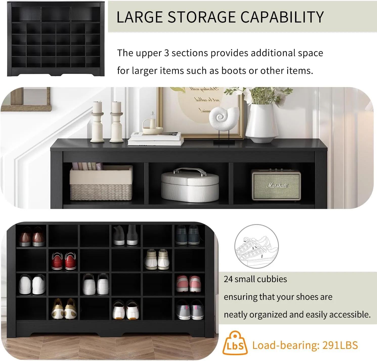 Linique 24 Shoe Cubby Console,Modern Shoe Cabinet Storage with Curved Base,Versatile Sideboard Shoe Organizer for Hallway,Bedroom,Living Room,Black
