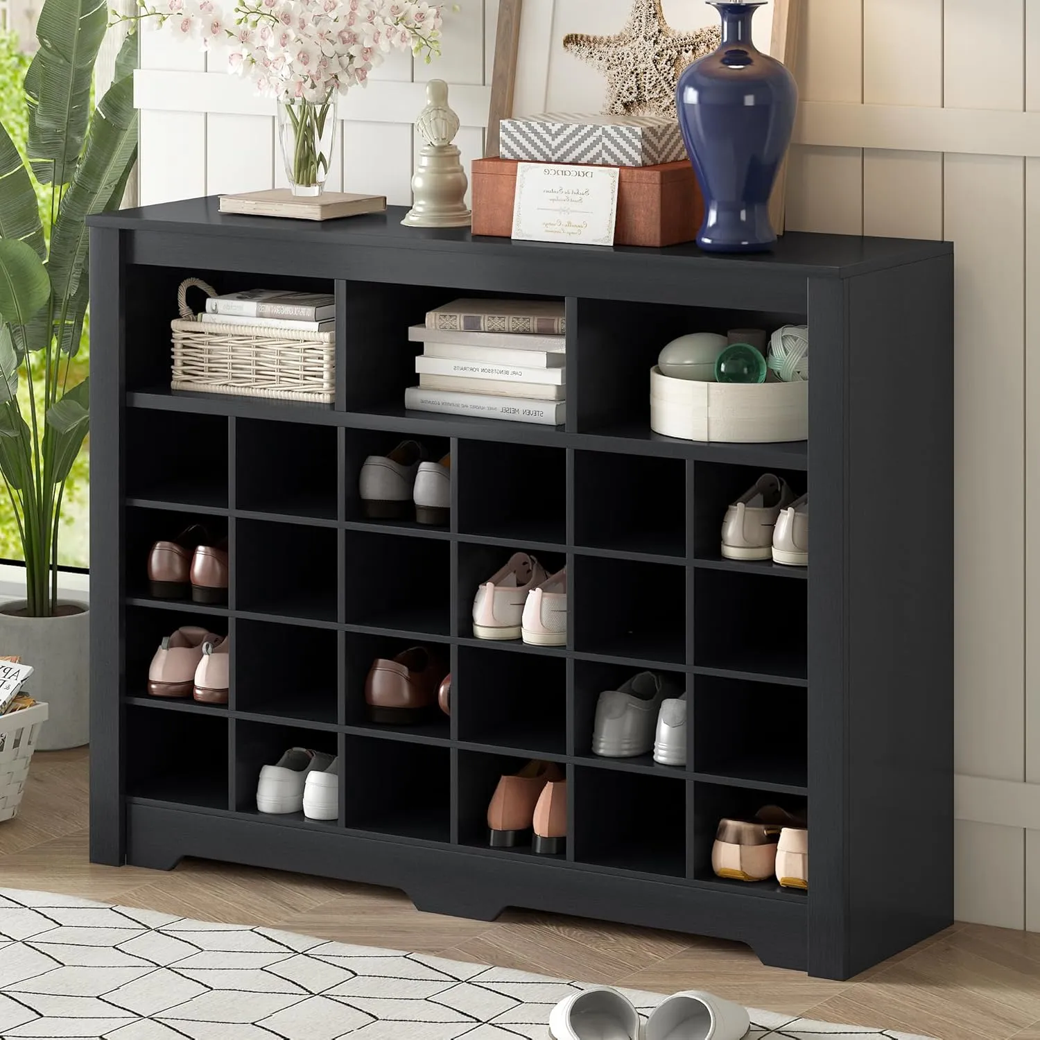 Linique 24 Shoe Cubby Console,Modern Shoe Cabinet Storage with Curved Base,Versatile Sideboard Shoe Organizer for Hallway,Bedroom,Living Room,Black