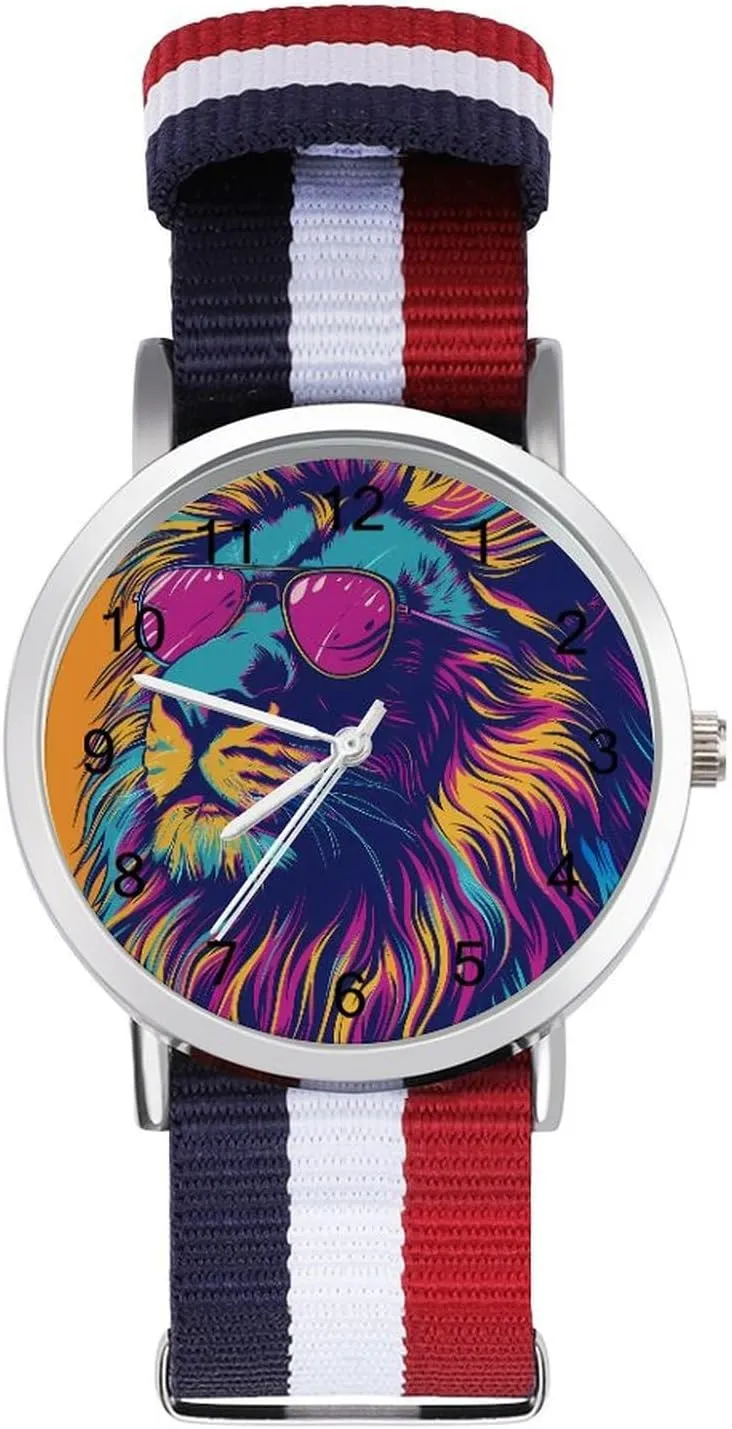 Lion Colorful Aesthetics Unisex Watch Lightweight Breathable Woven Nylon Wrist Strap Watch with Metal Buckle