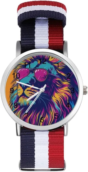 Lion Colorful Aesthetics Unisex Watch Lightweight Breathable Woven Nylon Wrist Strap Watch with Metal Buckle