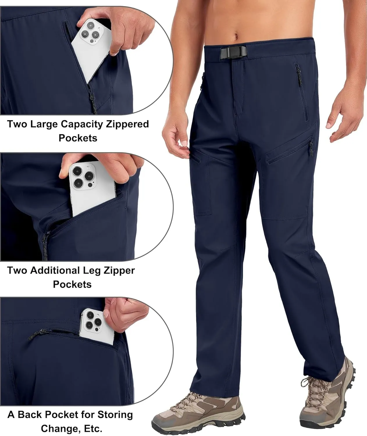 Little Donkey Andy Men's Lightweight Fishing Pants with Belt 5 Zip Pockets Waterproof Quick-Dry Travel Hiking Outdoor Pants
