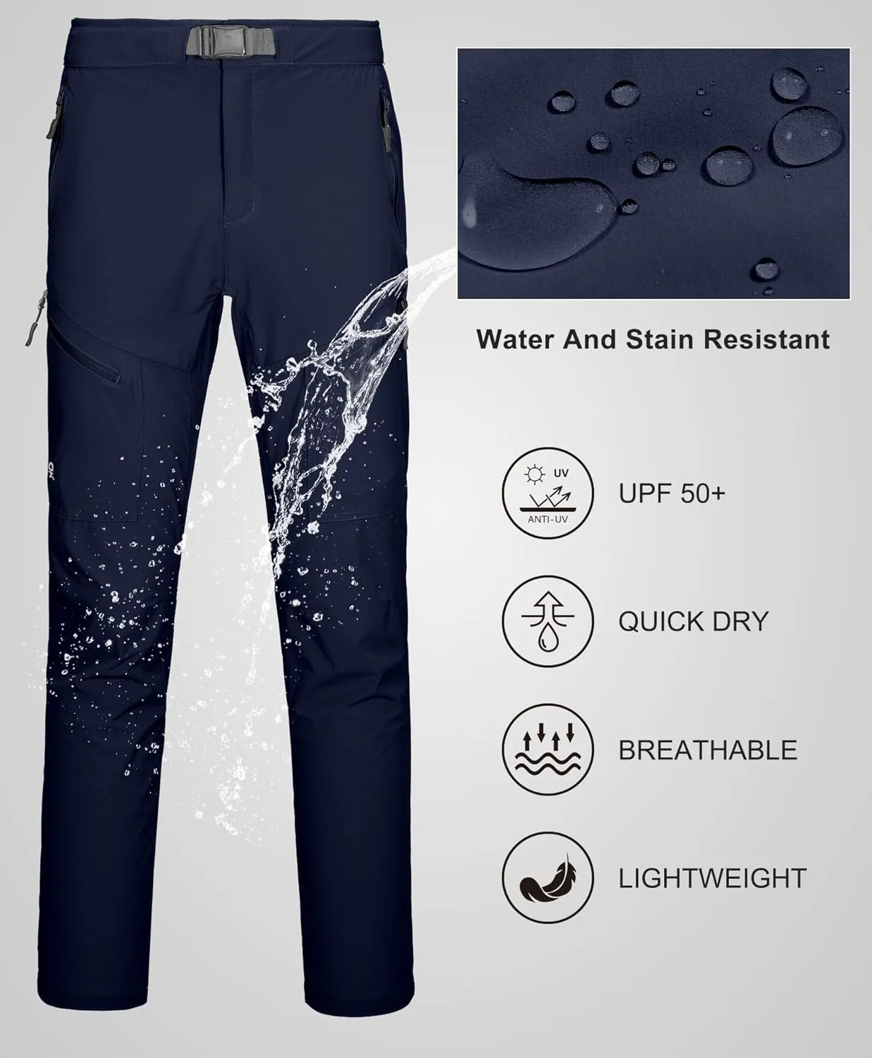 Little Donkey Andy Men's Lightweight Fishing Pants with Belt 5 Zip Pockets Waterproof Quick-Dry Travel Hiking Outdoor Pants