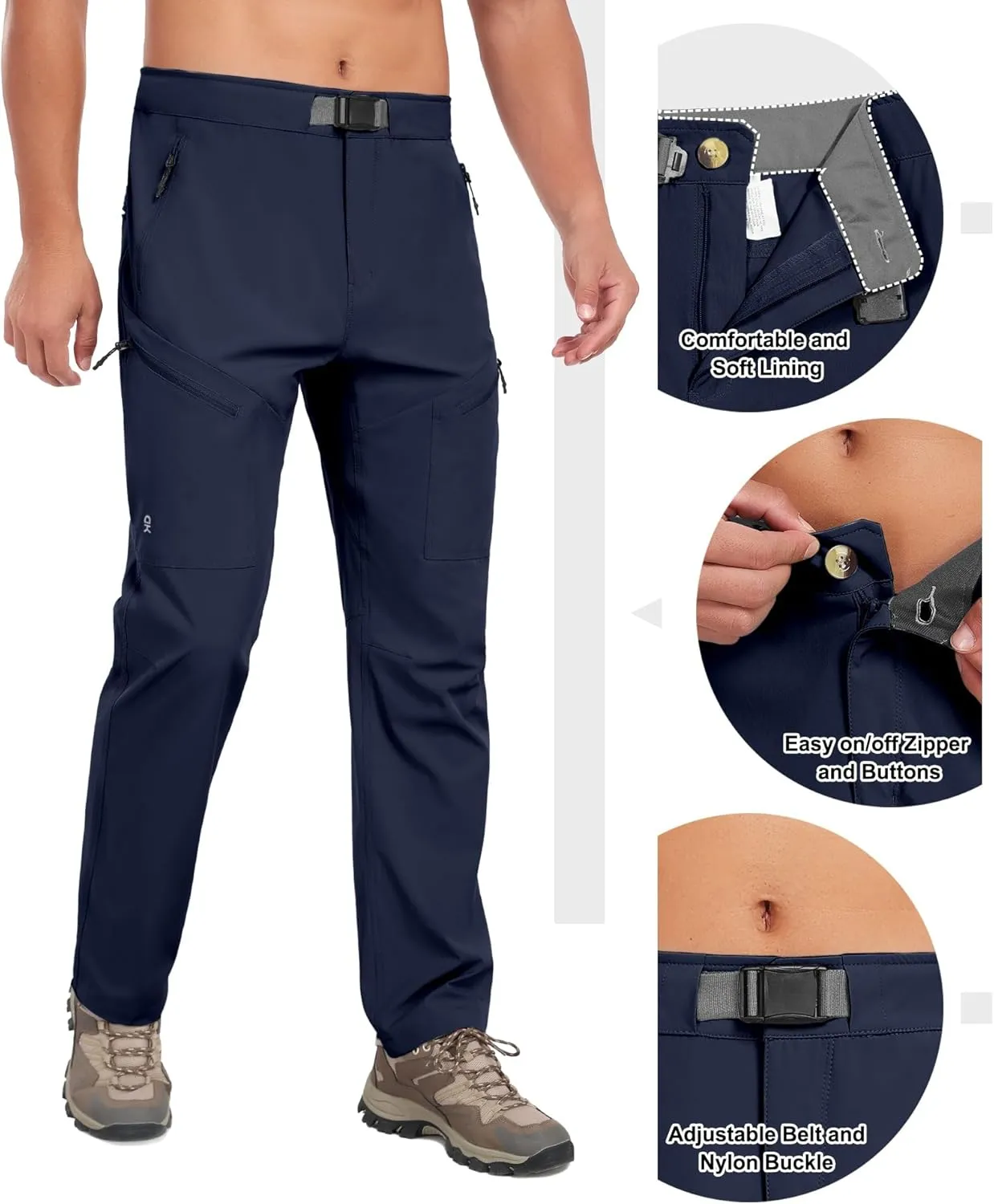 Little Donkey Andy Men's Lightweight Fishing Pants with Belt 5 Zip Pockets Waterproof Quick-Dry Travel Hiking Outdoor Pants
