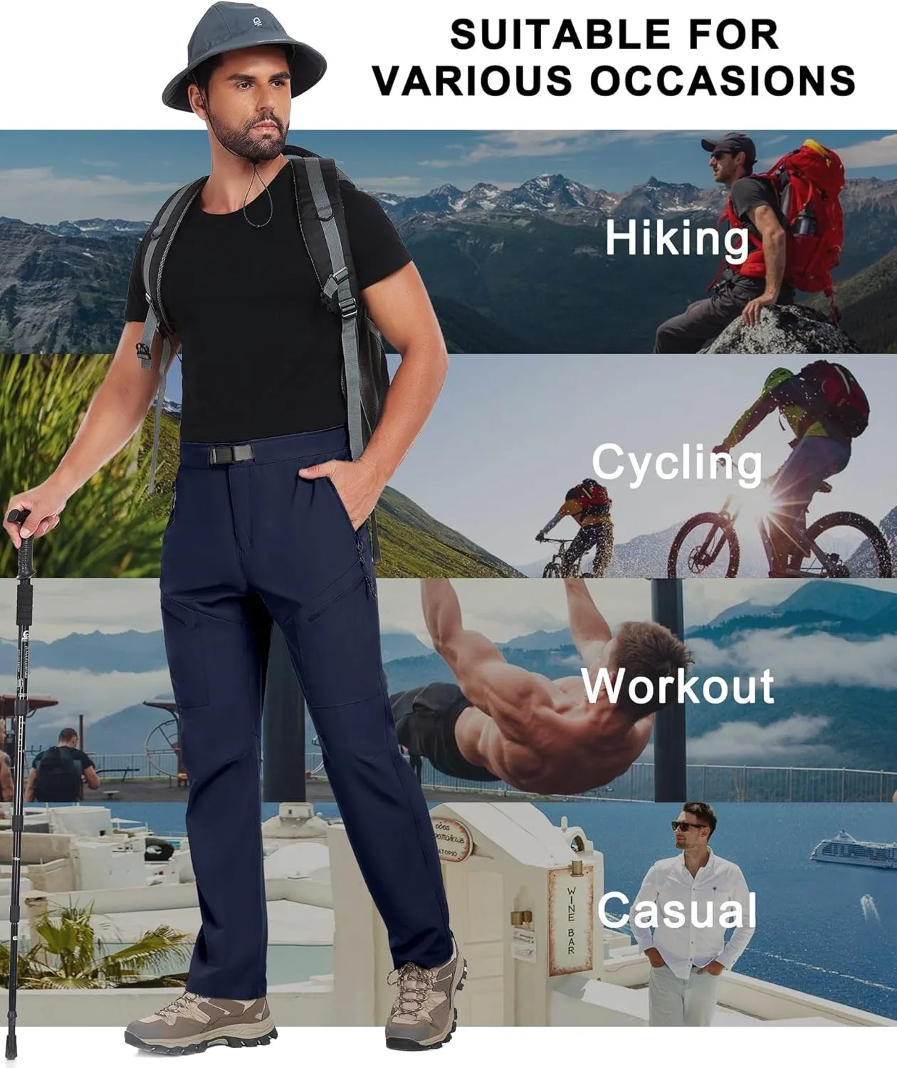 Little Donkey Andy Men's Lightweight Fishing Pants with Belt 5 Zip Pockets Waterproof Quick-Dry Travel Hiking Outdoor Pants