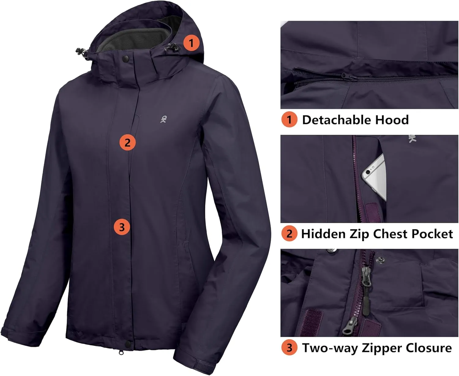 Little Donkey Andy Women's 3 in 1 Winter Ski Jacket Warm Fleece Liner Jacket Waterproof Windproof Snow Coat & Detachable Hood