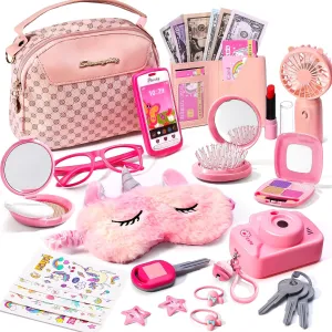Little Girls Purse with Accessories, Toddler Purse with Pretend Makeup for Girls Includes Pink Hand Fan, Unicorn Tattoos Sleep Mask for Kids, Pretend Princess Play Toys for 3 4 5 6 7 8 Year Old Girl