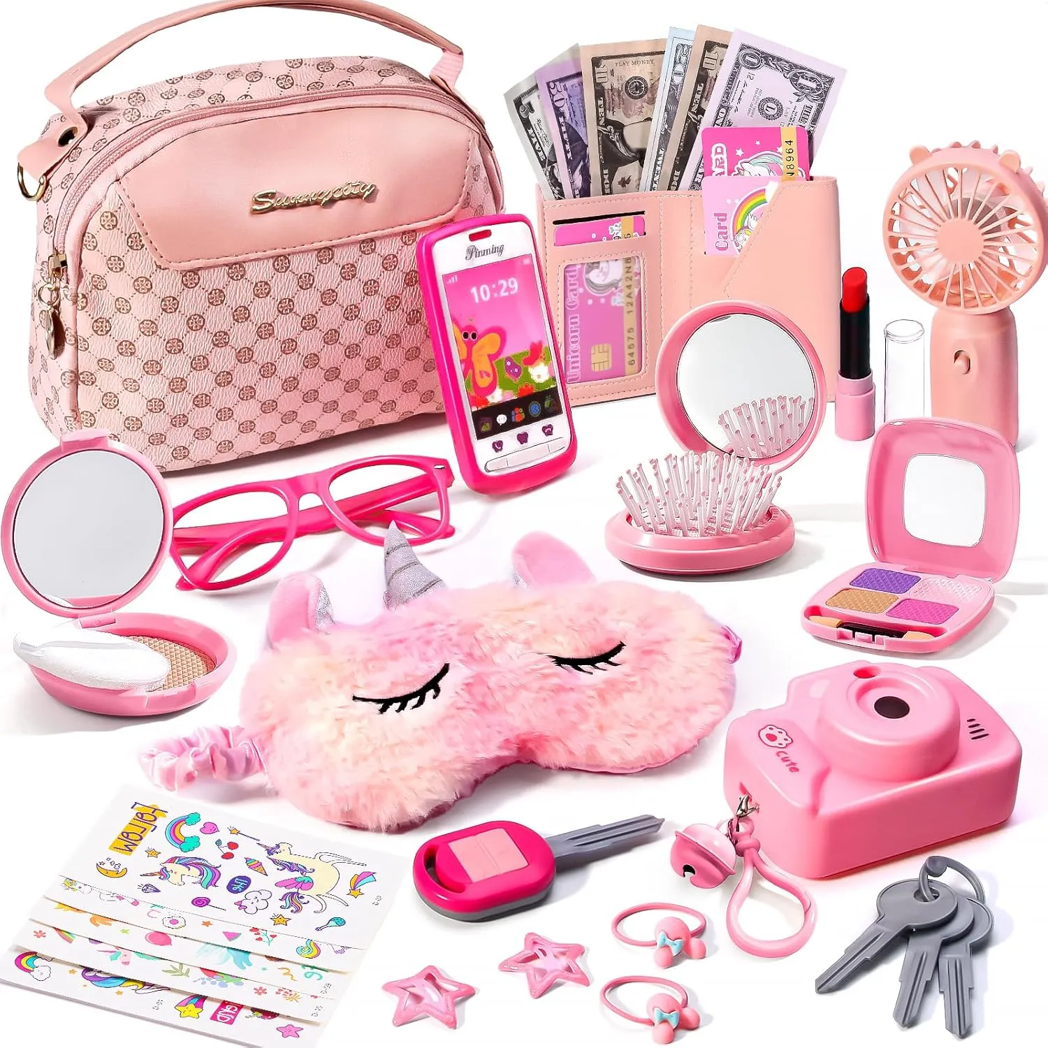 Little Girls Purse with Accessories, Toddler Purse with Pretend Makeup for Girls Includes Pink Hand Fan, Unicorn Tattoos Sleep Mask for Kids, Pretend Princess Play Toys for 3 4 5 6 7 8 Year Old Girl