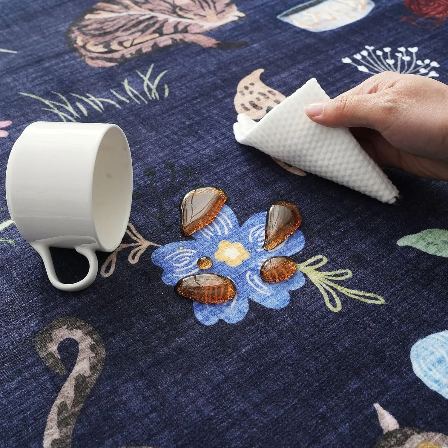 Living Room Rug 5x7 Rug Machine Washable Boho Area Rug Non Slip Floral Animal Cat Vintage Low Pile Large Rugs for Living Room Bedroom Farmhouse Dining Room Kids Playroom, Cobalt Blue
