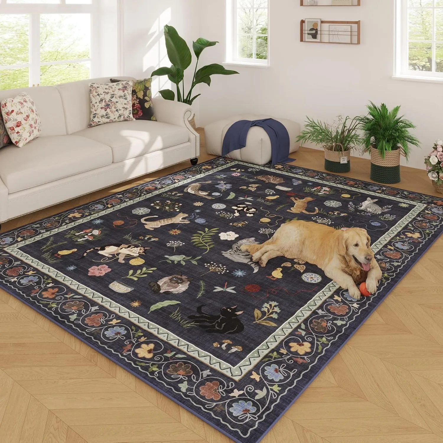 Living Room Rug 5x7 Rug Machine Washable Boho Area Rug Non Slip Floral Animal Cat Vintage Low Pile Large Rugs for Living Room Bedroom Farmhouse Dining Room Kids Playroom, Cobalt Blue