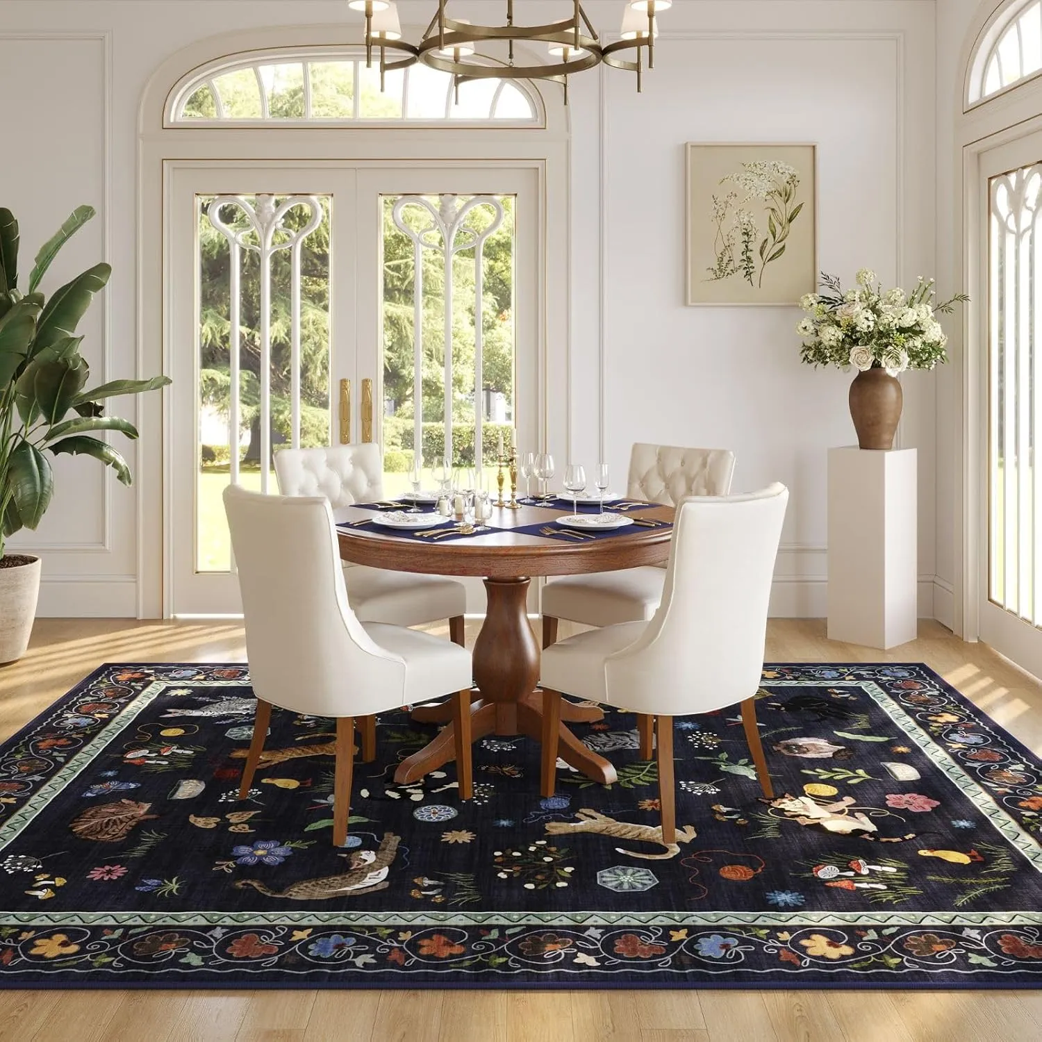 Living Room Rug 5x7 Rug Machine Washable Boho Area Rug Non Slip Floral Animal Cat Vintage Low Pile Large Rugs for Living Room Bedroom Farmhouse Dining Room Kids Playroom, Cobalt Blue