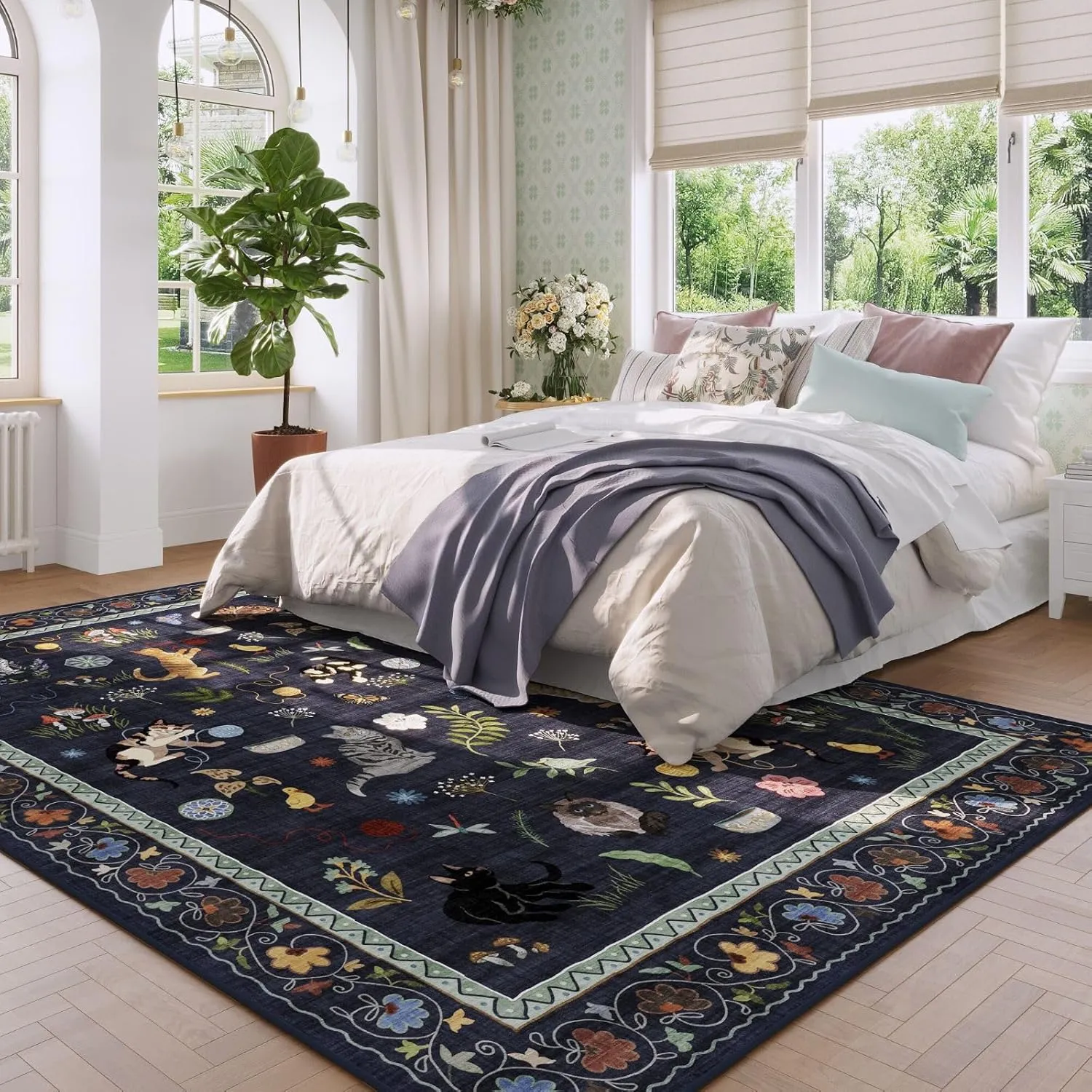 Living Room Rug 5x7 Rug Machine Washable Boho Area Rug Non Slip Floral Animal Cat Vintage Low Pile Large Rugs for Living Room Bedroom Farmhouse Dining Room Kids Playroom, Cobalt Blue