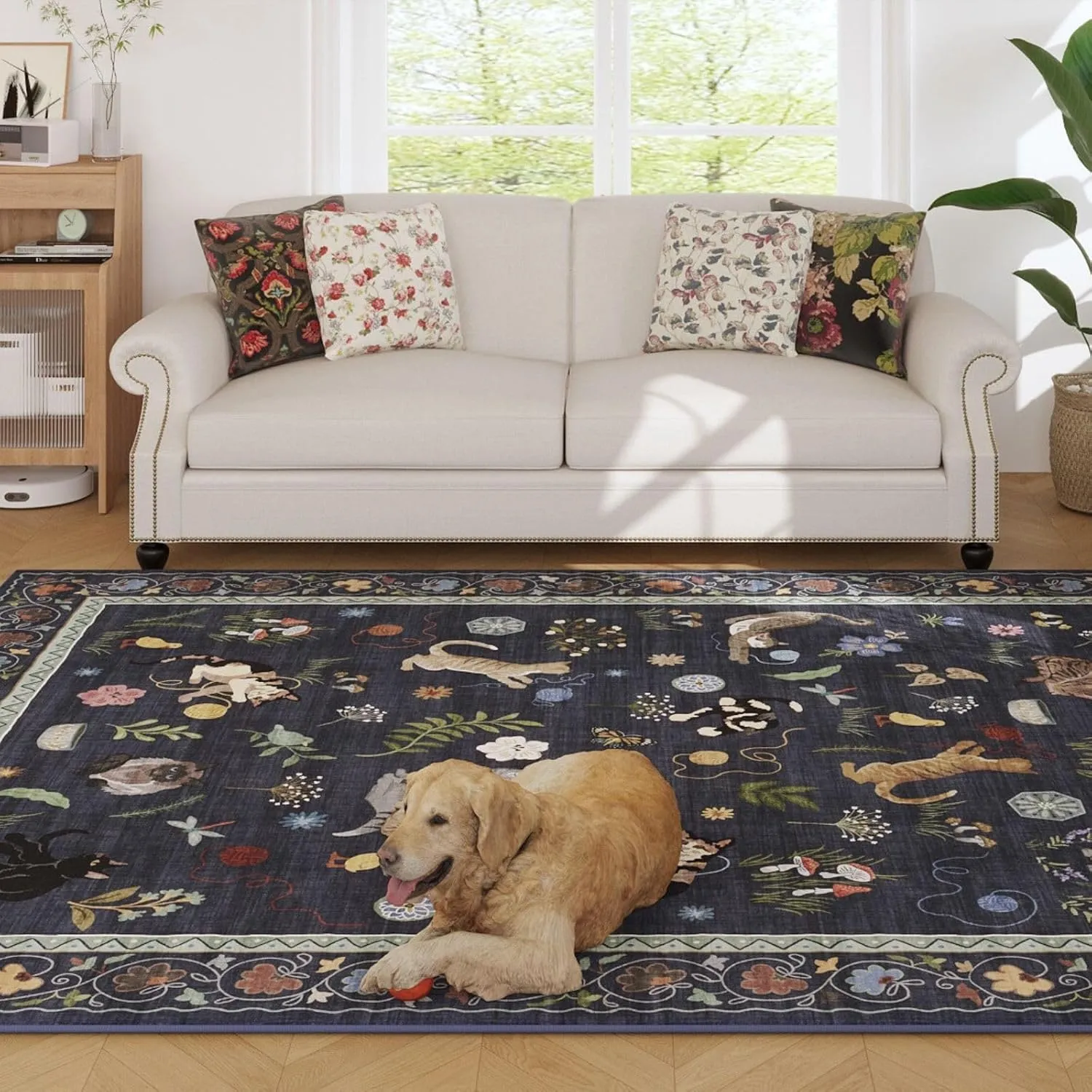 Living Room Rug 5x7 Rug Machine Washable Boho Area Rug Non Slip Floral Animal Cat Vintage Low Pile Large Rugs for Living Room Bedroom Farmhouse Dining Room Kids Playroom, Cobalt Blue