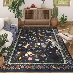 Living Room Rug 5x7 Rug Machine Washable Boho Area Rug Non Slip Floral Animal Cat Vintage Low Pile Large Rugs for Living Room Bedroom Farmhouse Dining Room Kids Playroom, Cobalt Blue
