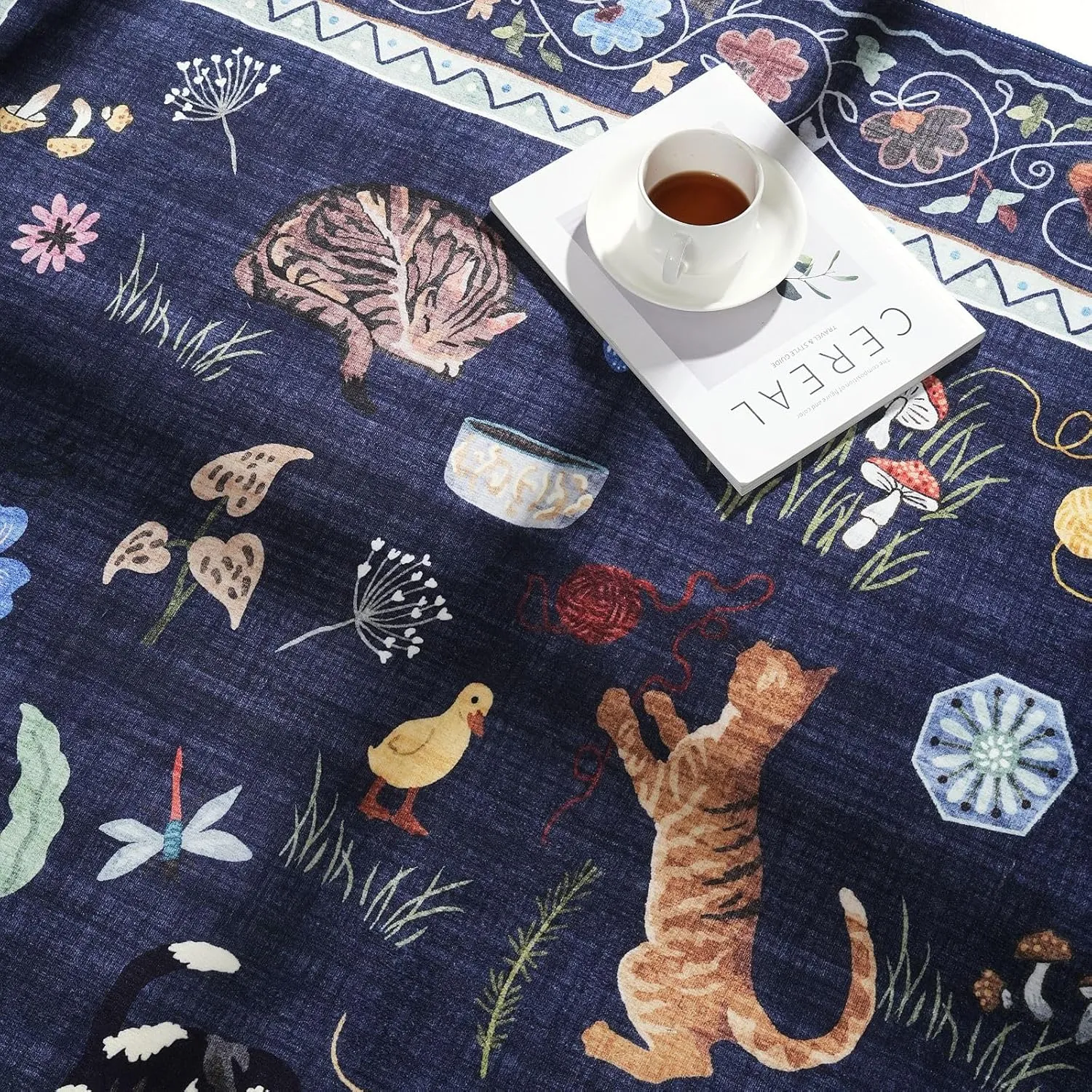 Living Room Rug 5x7 Rug Machine Washable Boho Area Rug Non Slip Floral Animal Cat Vintage Low Pile Large Rugs for Living Room Bedroom Farmhouse Dining Room Kids Playroom, Cobalt Blue